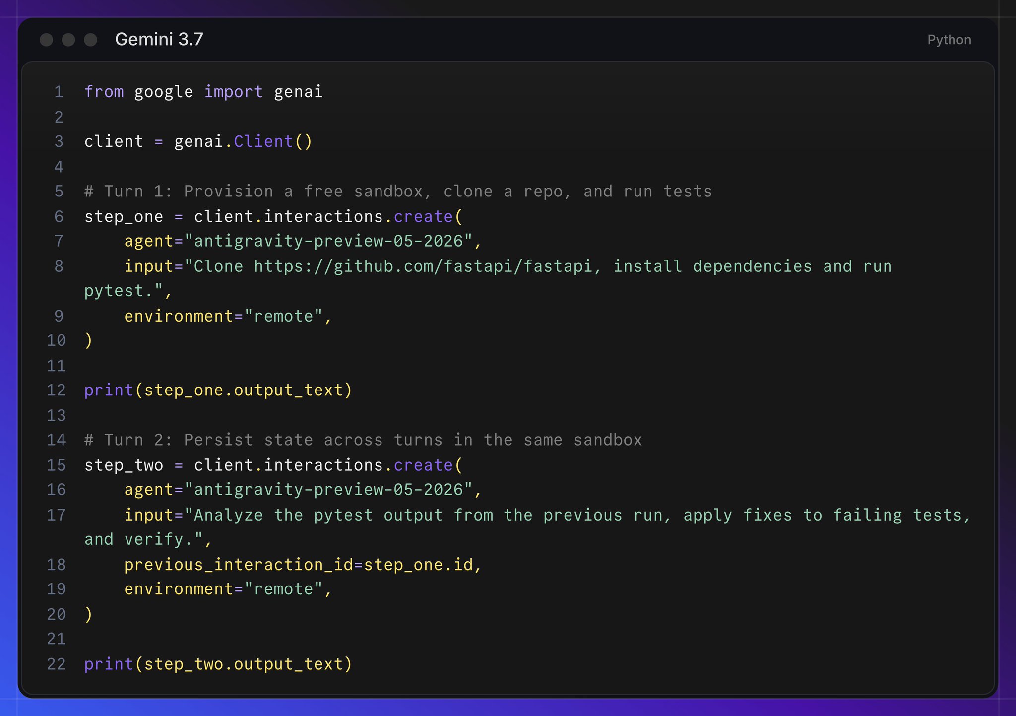 Код на Python: два вызова client.interactions.create с previous_interaction_id